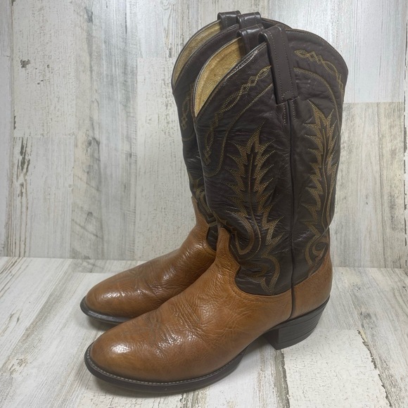 Tony Lama Cowboy Boots Two-Tone Brown Tan Western Embroidered Leather size 10 - Picture 1 of 13